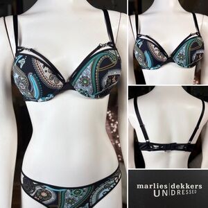 Marlies Dekkars Black Multicolor “Peace” Push-up Plunge Cage Bra, Szs 36A & 36B